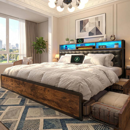 King Bed Frame with 4 Drawers, Charge Station & LED Lights