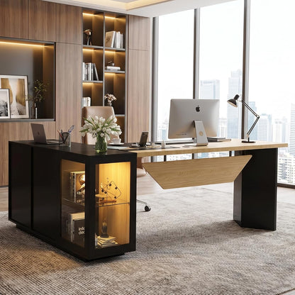 74.4" L-Shaped Executive Desk w/ Power Outlets & Glass Display Cabinet, Large Office Desk w/ 3 Drawers & File Cabinet, Corner Computer Desk Business Workstation for Home Office (Black + Light Wood)