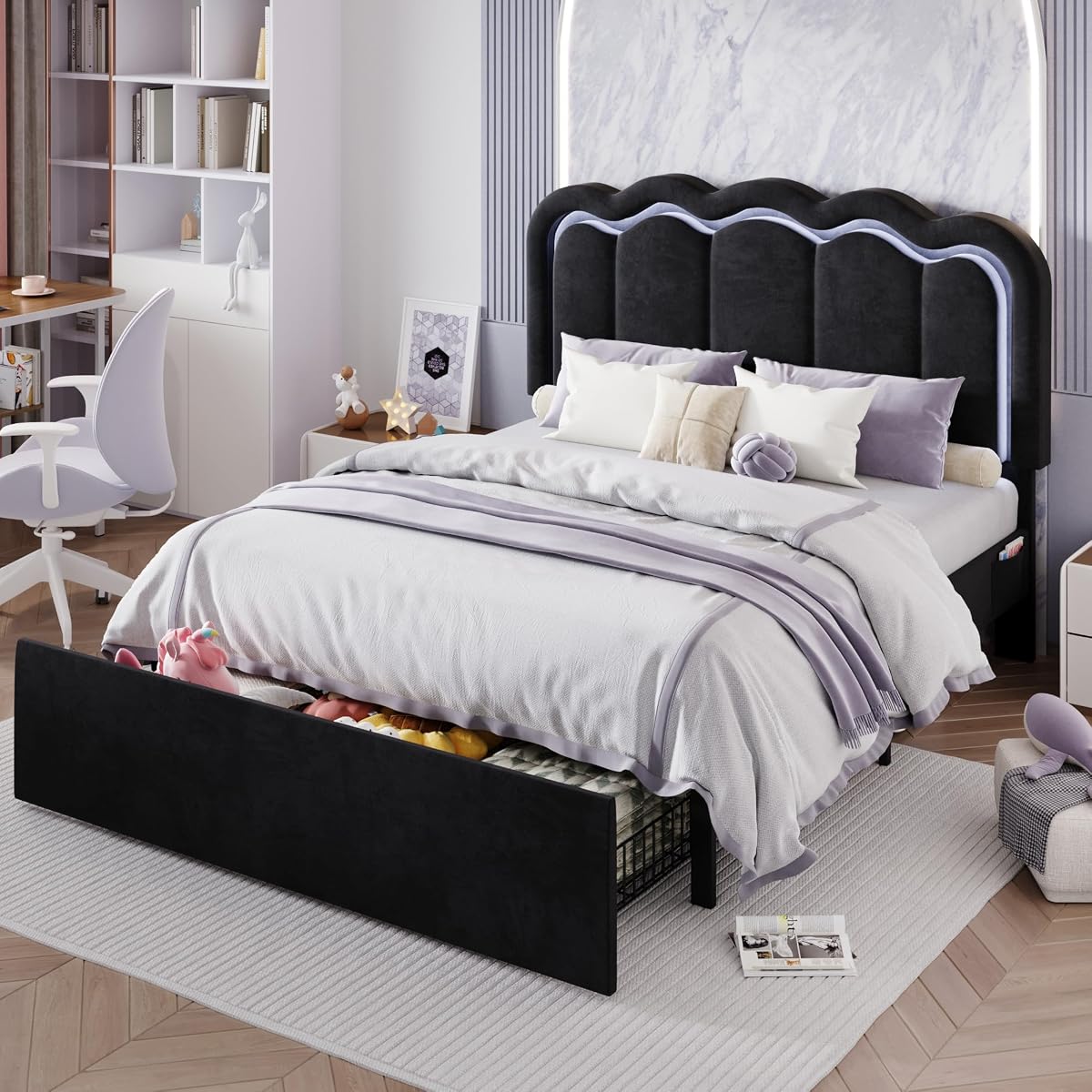 Full Size Bed Frame with LED Lights and Storage Drawer, Black