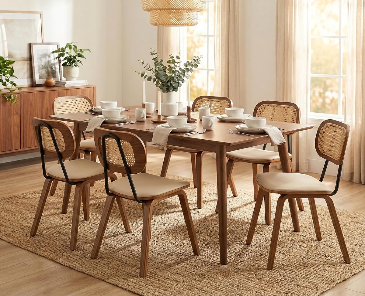 Mid-Century Dining Chairs Set of 6, PU Leather Kitchen Chairs with Rattan Backrest Wooden Legs Armless Design for Dining Room Living Room, Beige