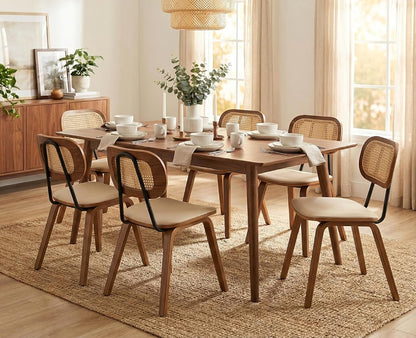 Mid-Century Dining Chairs Set of 6, PU Leather Kitchen Chairs with Rattan Backrest Wooden Legs Armless Design for Dining Room Living Room, Beige