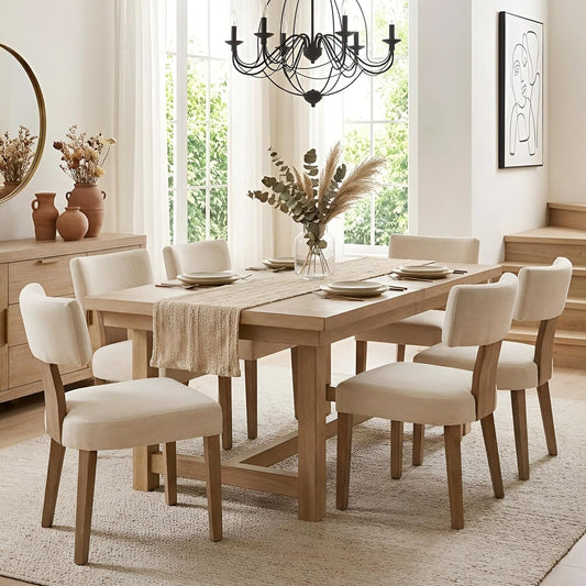 Mid Century Modern Dining Chairs Set of 6, Upholstered Linen Kitchen & Dining Room Chairs with Ergonomic Curved Backrest, Solid Wood Legs, Farmhouse Accent Chair for Home, Apartment, Beige