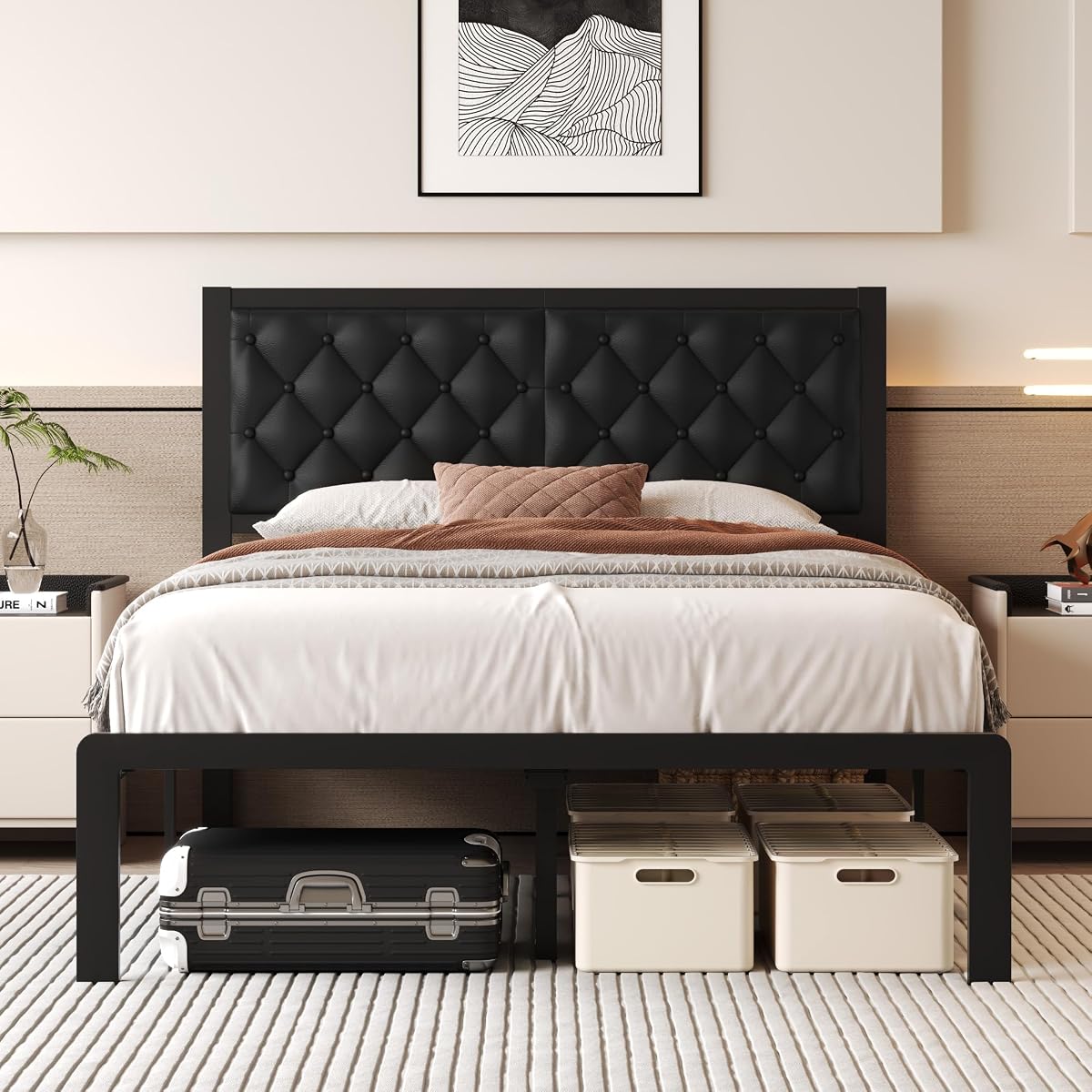 Full Bed Frame with Headboard PU Leather Upholstered Bed Frame Platform