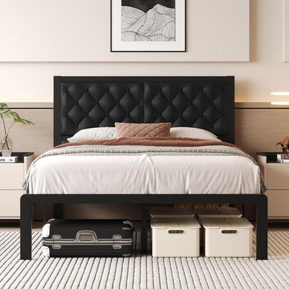 Full Bed Frame with Headboard PU Leather Upholstered Bed Frame Platform