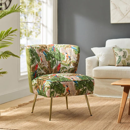 Accent Chair with Golden Metal Legs, Comfy Tufted Wingback Living Room Chair Floral Fabric Small Armless Side Chair, Upholstered Slipper Chair for Bedroom, Reading Room Flower Print