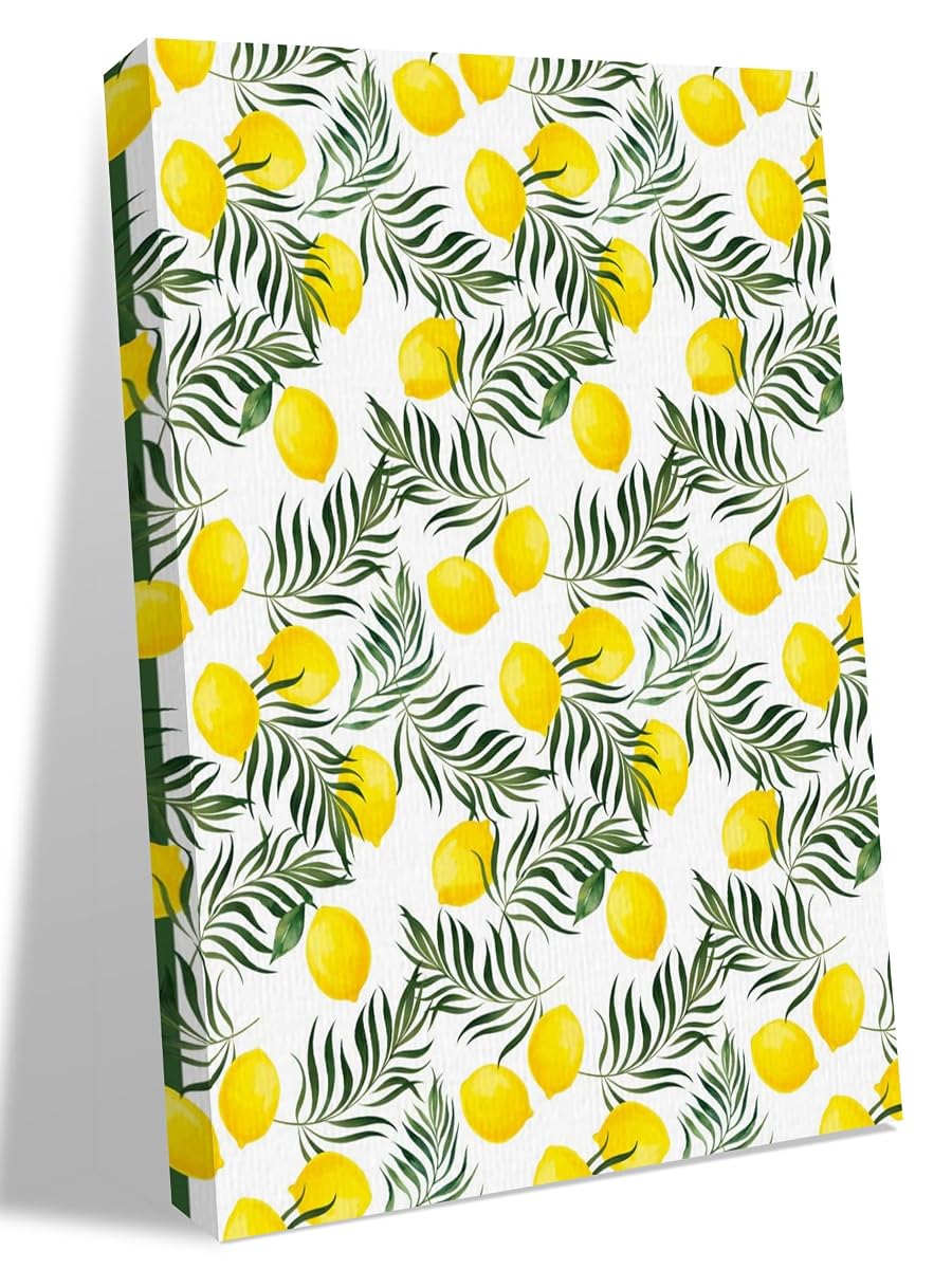 NuYeBiofx Summer Yellow Lemon Green Leaf Canvas Wall Art Prints,40"x28" Framed Picture Artwork Country Fruit Leaves Printed Canvas Oil Painting for Living Room Bedroom Office,Ready to Hang