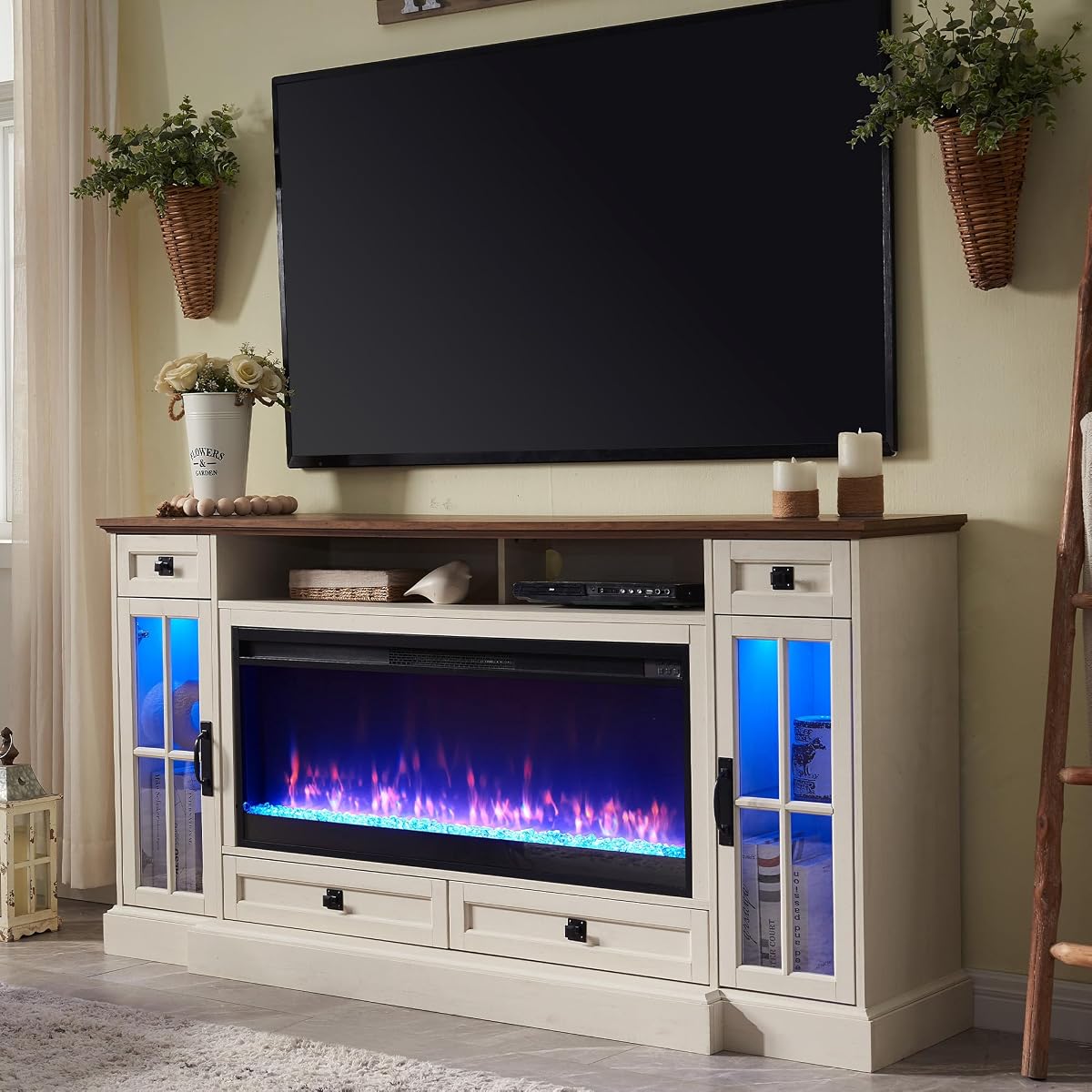 70" Farmhouse Fireplace TV Stand for 80 Inch TV, Antique White