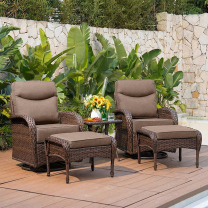 Upgraded 6“ Cushion Luxury 5 Pieces Patio Furniture Set - All Weather Wicker Outdoor Swivel Rocker Patio Chairs of 2 with Ottomans, High Back Glider Chairs Set for Deck Porch - Brown/Grey