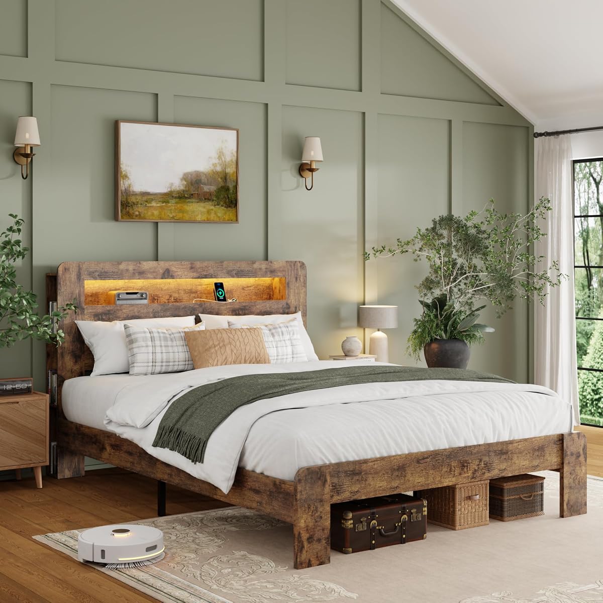 Queen Wood Bed Frame with Storage Headboard and Charging Station