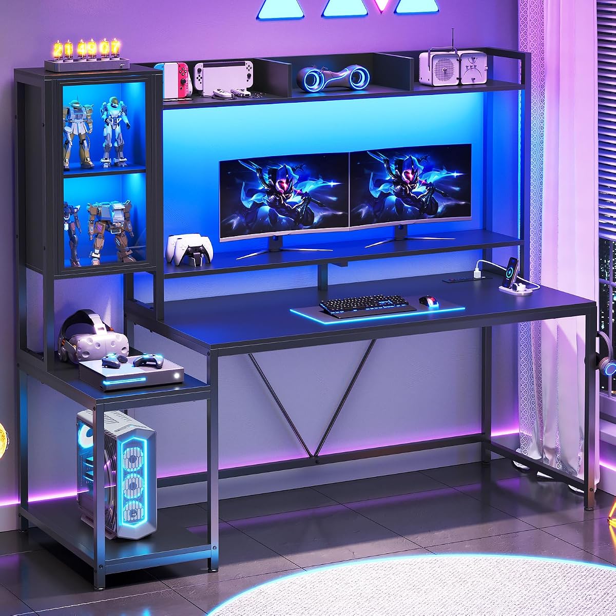60'' Gaming Desk with Storage, Hutch, Display Cabinet and LED Lights
