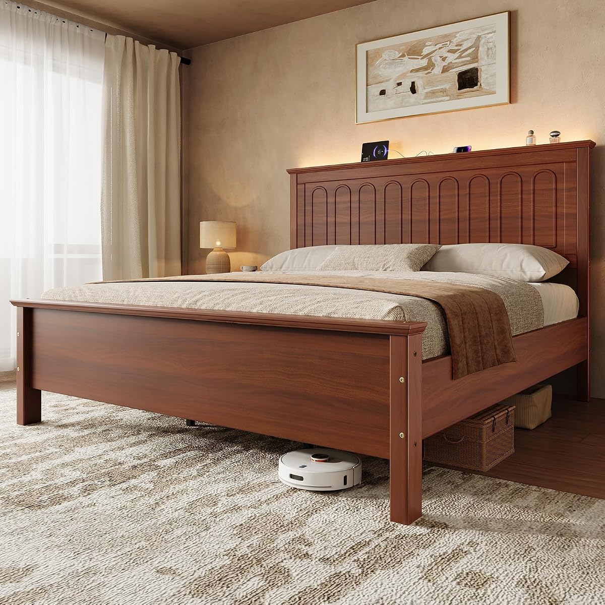 King Size Platform Bed Frame with Headboard, Brown