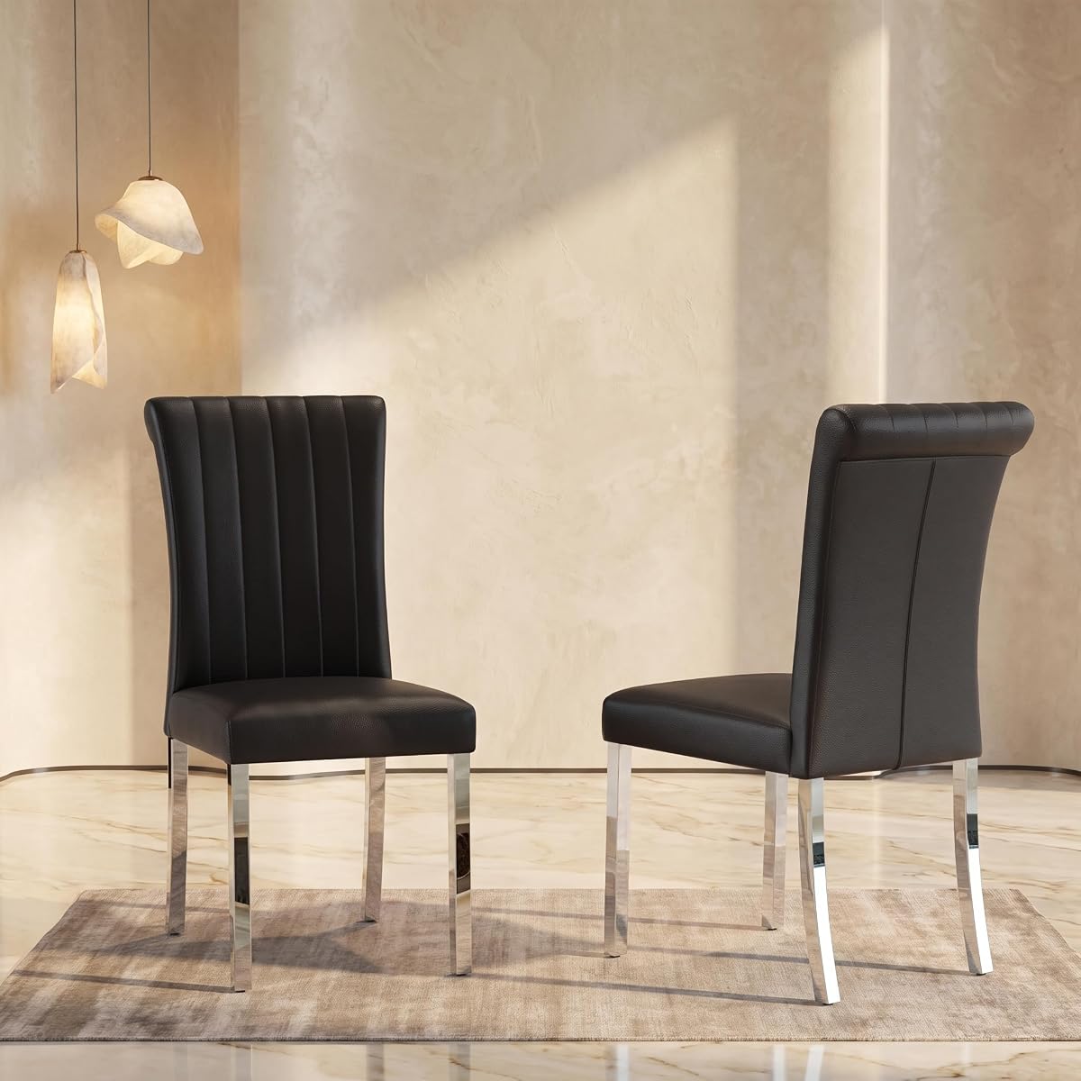 Black Leather Dining Chairs Set of 2, Silver Stainless Steel Legs