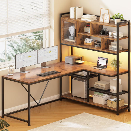 L Shaped Computer Desk with Storage Shelves, Bookshelf, Rustic Brown