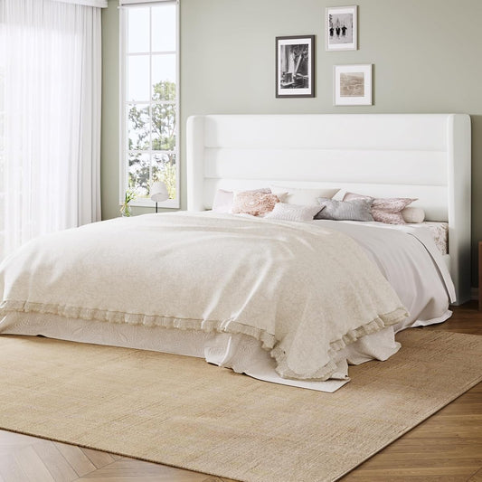 Queen Wood Bed Frame with Velvet Headboard, Storage, Strong Slats, White