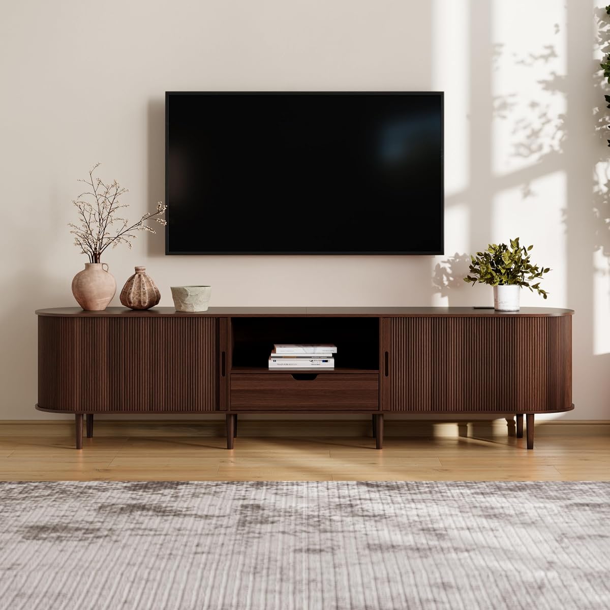 86.6" Fluted TV Stand with Power Outlet for TVs up to 90", TV Console with Adjustable Shelves and Sliding Door,Mid Century Modern Entertainment Center for Living Room,Bedroom (Walnut)