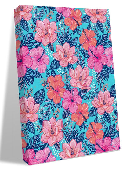 NuYeBiofx Exotic Pink Red Floral Blue Leaves Canvas Wall Art Prints,40"x28" Framed Picture Artwork Boho Tropical Plants Printed Canvas Oil Painting for Living Room Bedroom Office,Ready to Hang