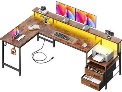 66'' L Shaped Computer Desk with Storage Drawers, Power Outlet, LED