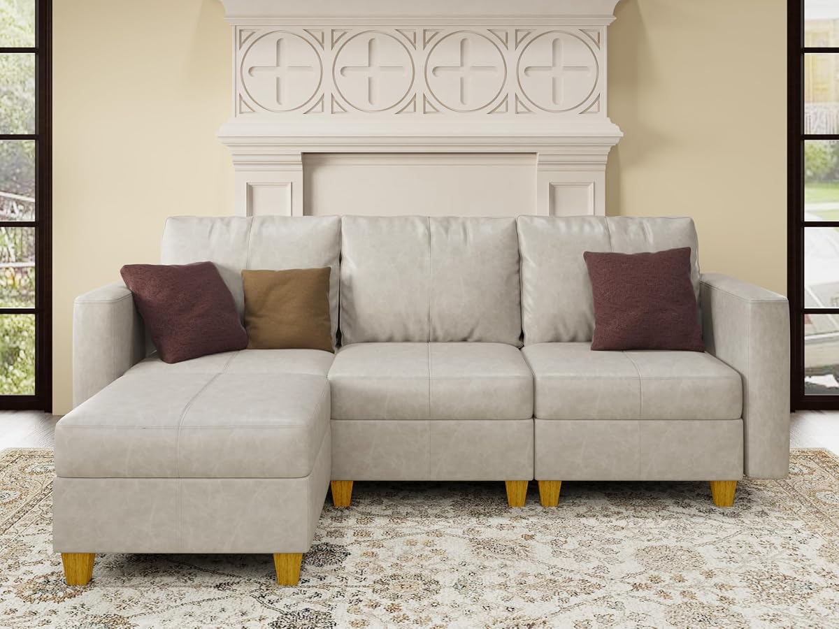 Faux Leather Modualr Sectional Couch,Faux Leather Sectional Sofa with Storage Modular Couch，Whitesand