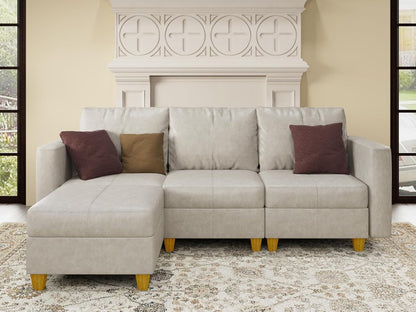 Faux Leather Modualr Sectional Couch,Faux Leather Sectional Sofa with Storage Modular Couch，Whitesand