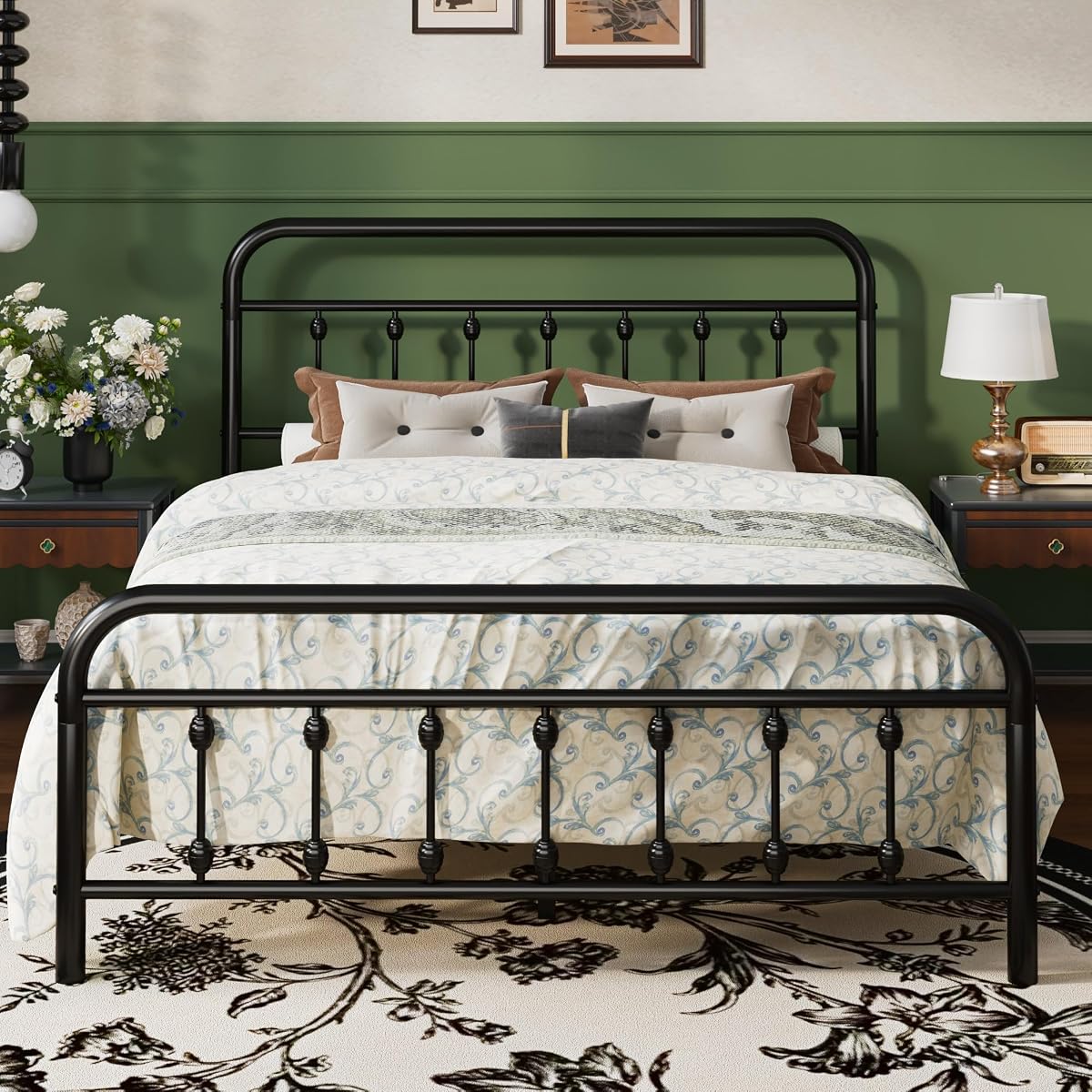 Full Metal Bed Frame with Victorian Iron-Art Headboard, Black