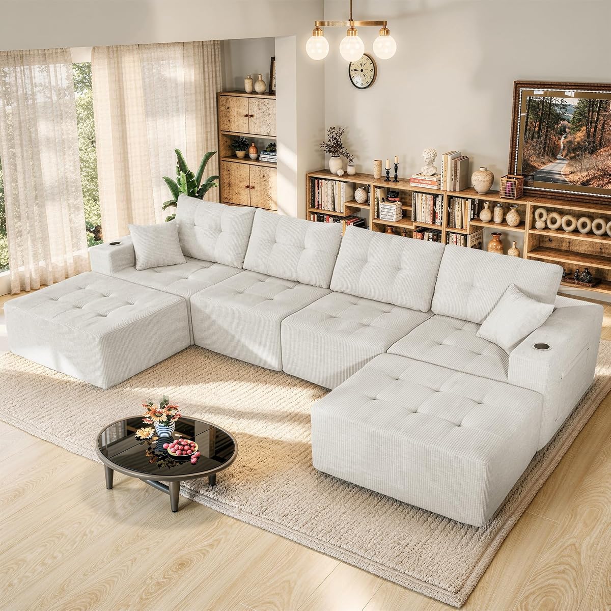 143" Modular Sectional Sofa for Living Room, Convertible U-Shape Couch with Ottoman, 6 Seater Modular Sectional Sofa,Beige Corduroy