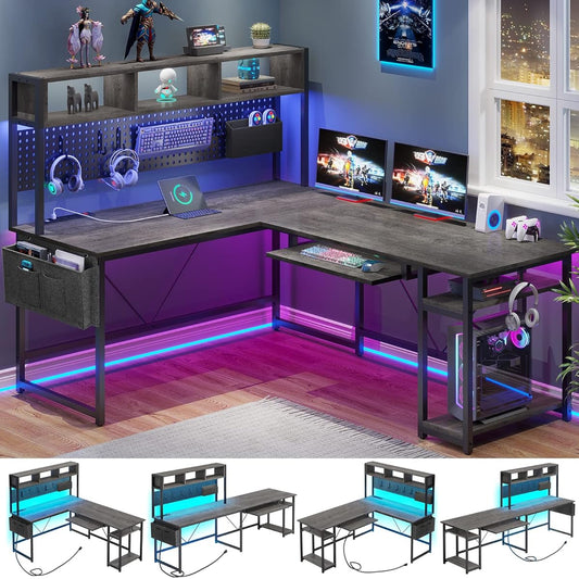 L Shaped Desk, 94.5 Inch Home Office Desk with Power Outlet & Pegboard, L Shaped Gaming Desk with LED Light, Keyboard Tray, Storage Shelves and Headphone Hook for Home Office, Grey
