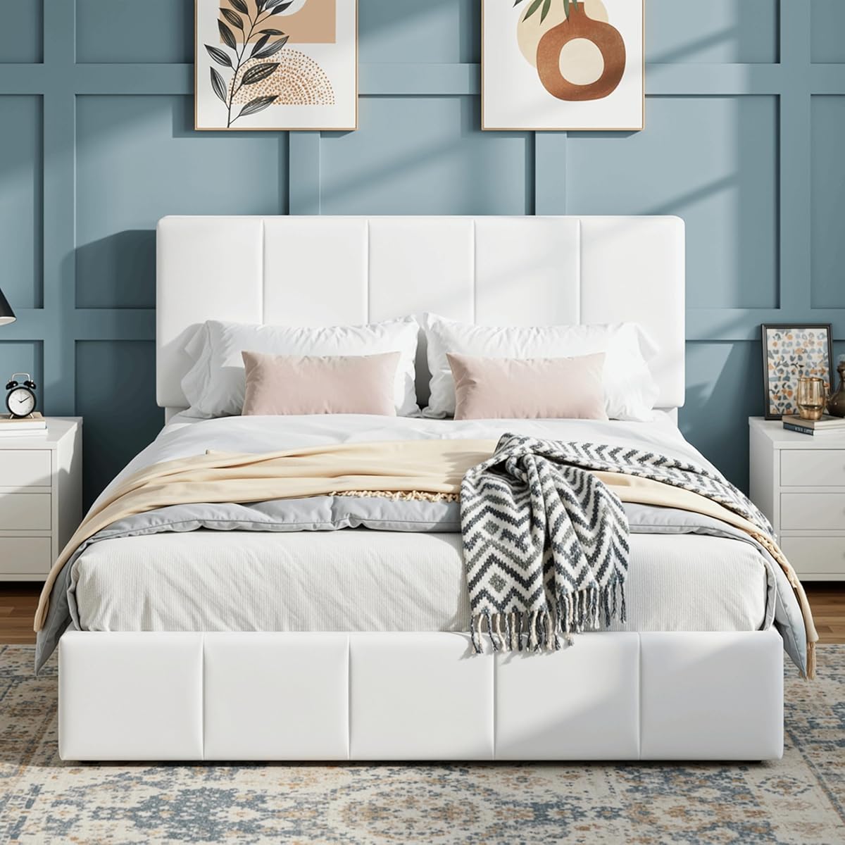 Velvet Platform Bed with Tufted Headboard, White