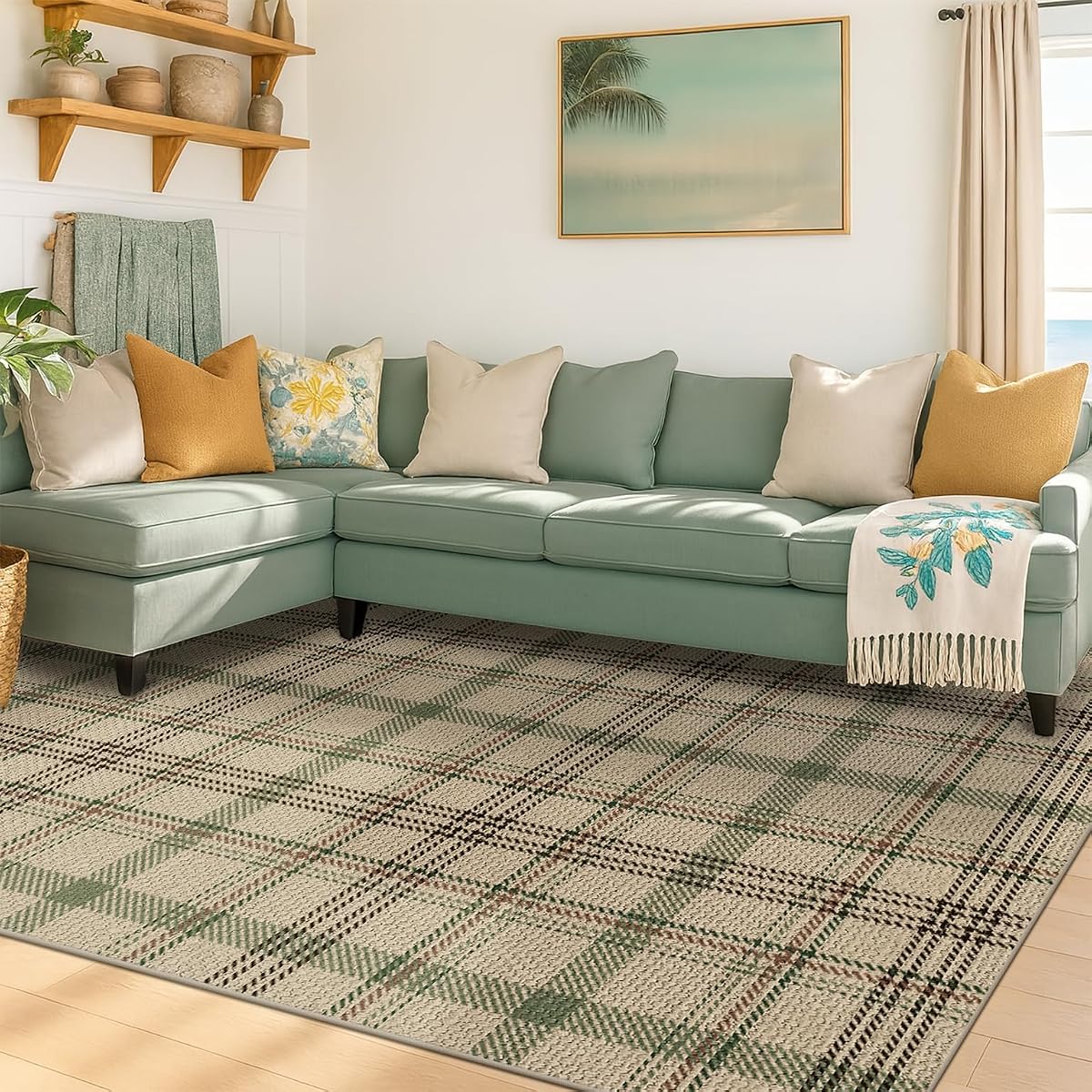 Easy Jute Green Plaid Rug 6x9 for Living Room, Washable Modern Farmhouse Area Rugs for Bedroom Aesthetic, Dining Room, Patio, Sage Tan Woven Tartan Design, Non Skid, Easy Clean Viral Jute No Shed