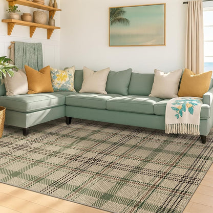 Easy Jute Green Plaid Rug 6x9 for Living Room, Washable Modern Farmhouse Area Rugs for Bedroom Aesthetic, Dining Room, Patio, Sage Tan Woven Tartan Design, Non Skid, Easy Clean Viral Jute No Shed