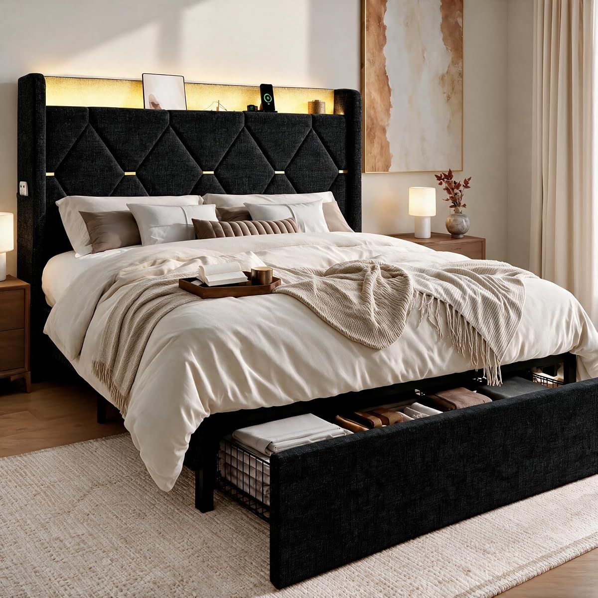 Queen Size Bed Frame with Storage Drawer & LED Lights, Black
