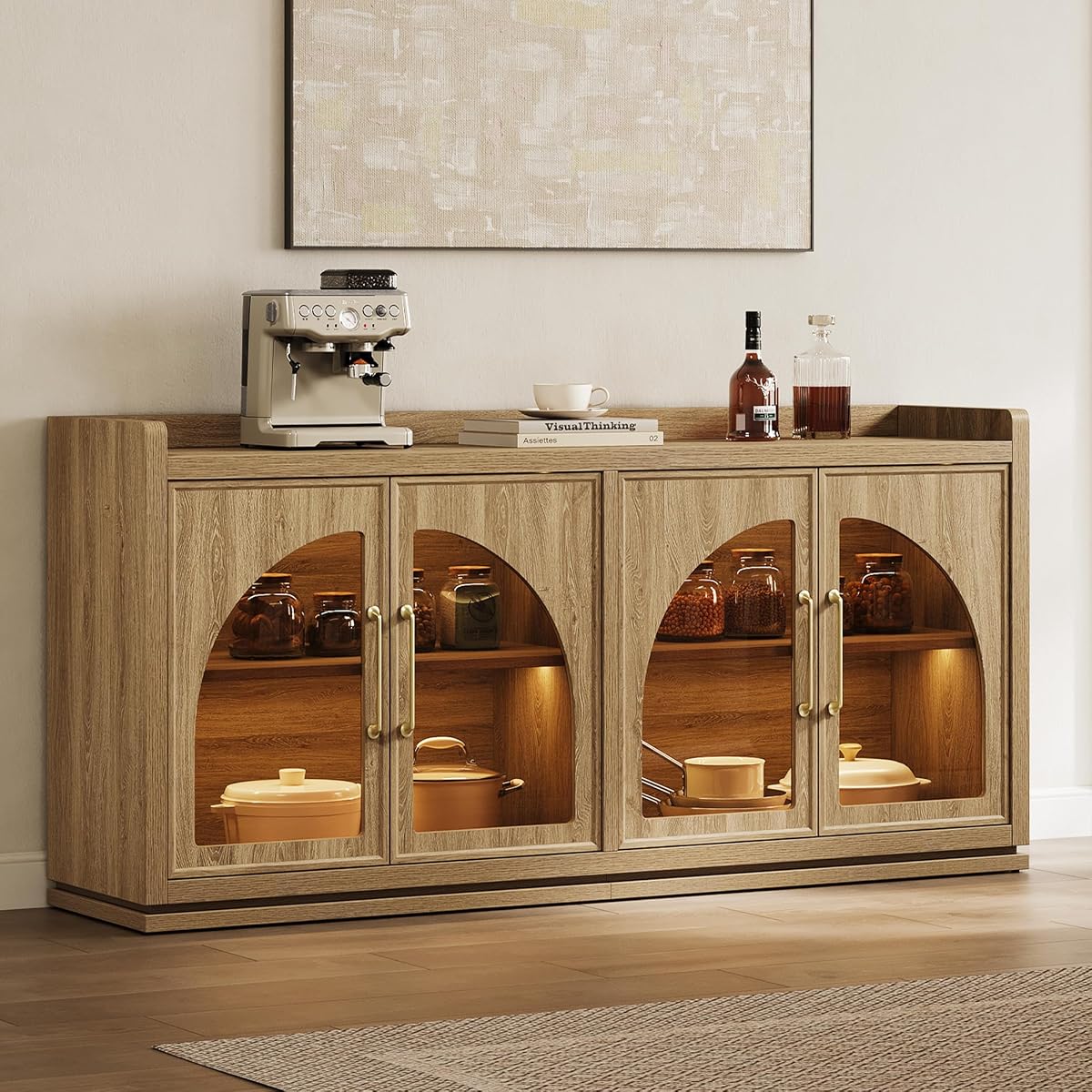 Sideboard Buffet Cabinet with Storage, LED Lights, Arch Glass Doors
