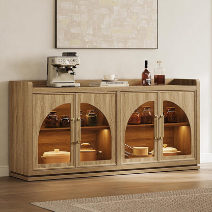 Sideboard Buffet Cabinet with Storage, LED Lights, Arch Glass Doors