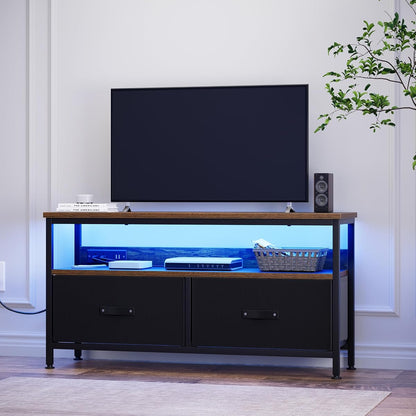 39" TV Stand for TVs up to 50", Media Console with Charging Station & LED Lights, 2 Drawer Storage Chest, Gaming Entertainment Center with Storage for Living Room, Brown, Medium