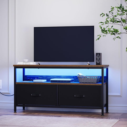39" TV Stand for TVs up to 50", Media Console with Charging Station & LED Lights, 2 Drawer Storage Chest, Gaming Entertainment Center with Storage for Living Room, Brown, Medium