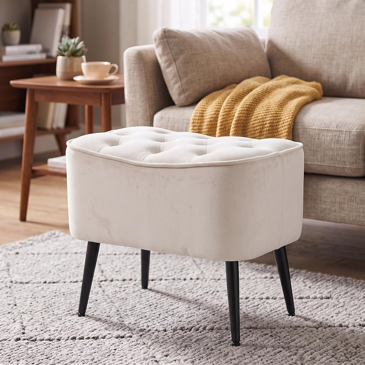 Tufted Tan Velvet Ottoman Footstool