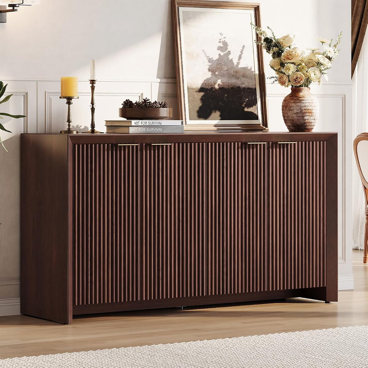 Modern Fluted Sideboard Buffet Cabinet with Storage, Dark Walnut