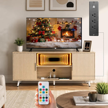 55" Fluted Small Walnut TV Stand with Outlet & Fireplace Light