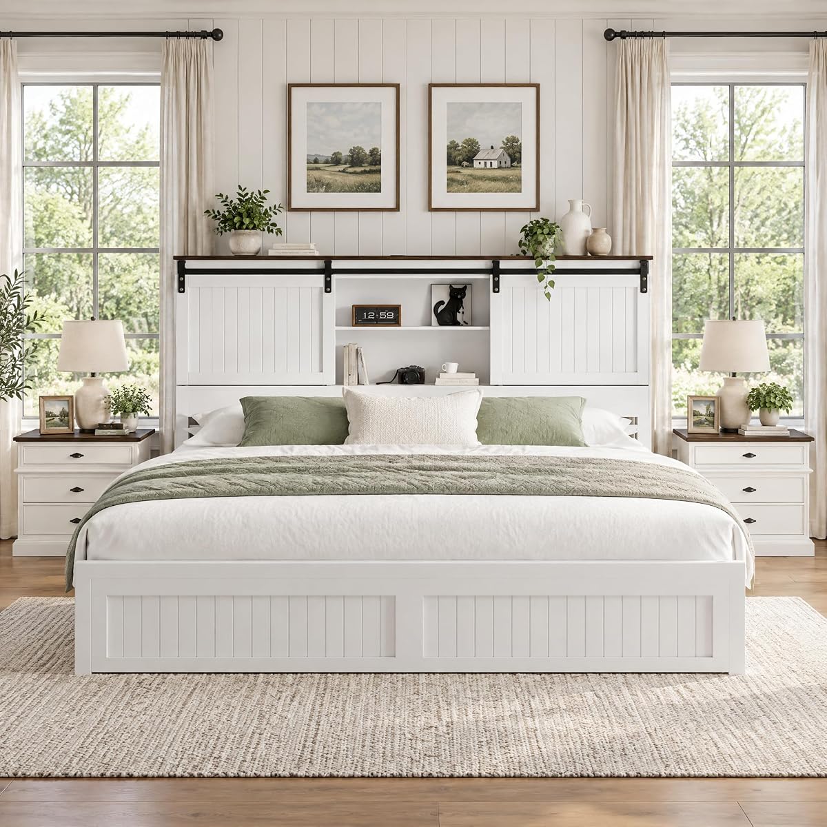 Farmhouse King Size Bed Frame Wood with Headboard Storage, White