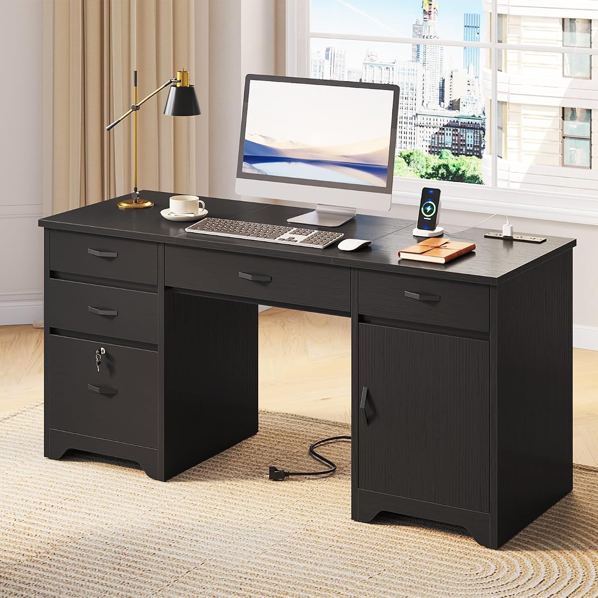 59” Office Desk with Lockable Drawers & Charging Station, Black