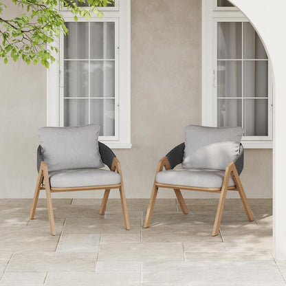 Lucia Metal Lounge Chair Outdoor Set of 2, Woven Rattan Patio Accent Chair with Curved Backrest, Patio Furniture Single Sofa Chair with Removable Cushion, Grey+Teak