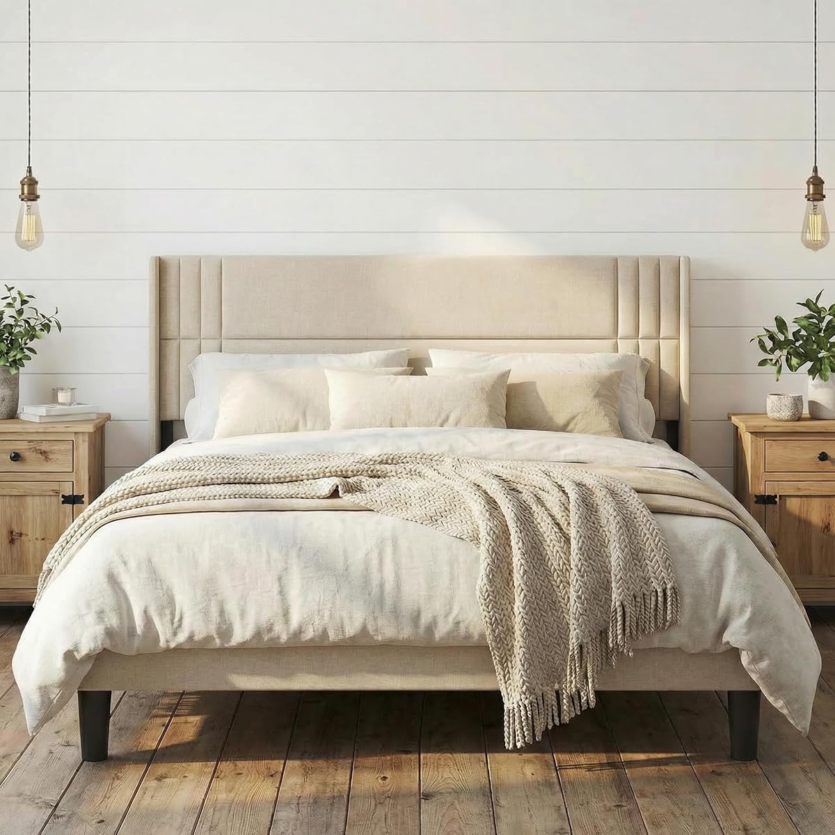 King Bed Frame with Wingback Headboard, Upholstered Platform Bed