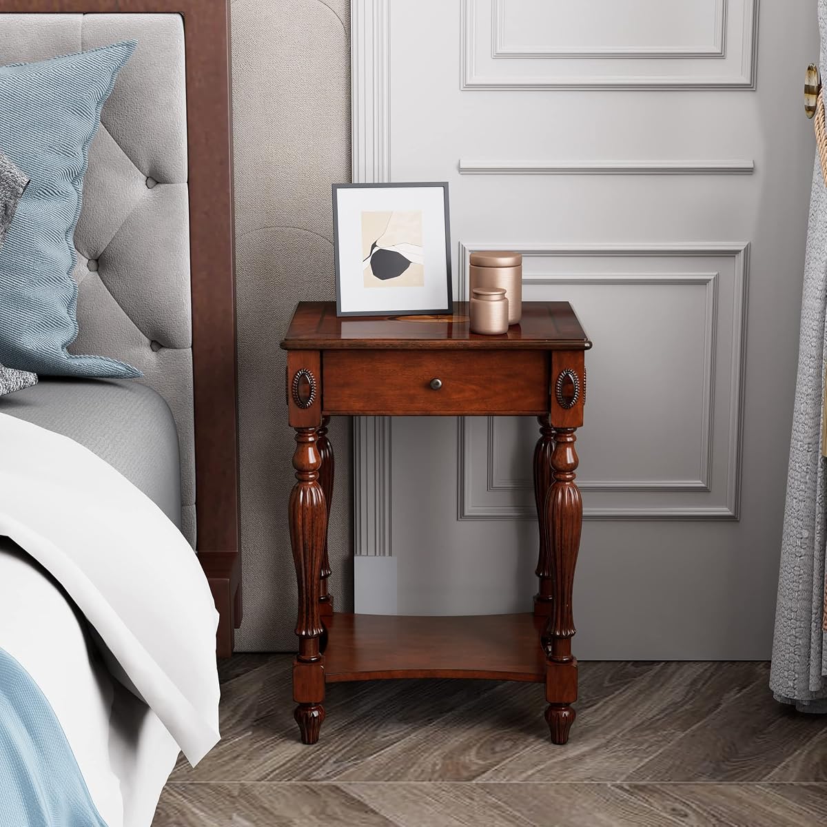Solid Wood Retangle End Table with Drawer and Storage Shelf, 28"H Traditional Vintage Side Table Polished Edging Sofa Table Bedside Nightstand for Living Room Bedroom Home, Cherry Walnut GBJ-1533-WD