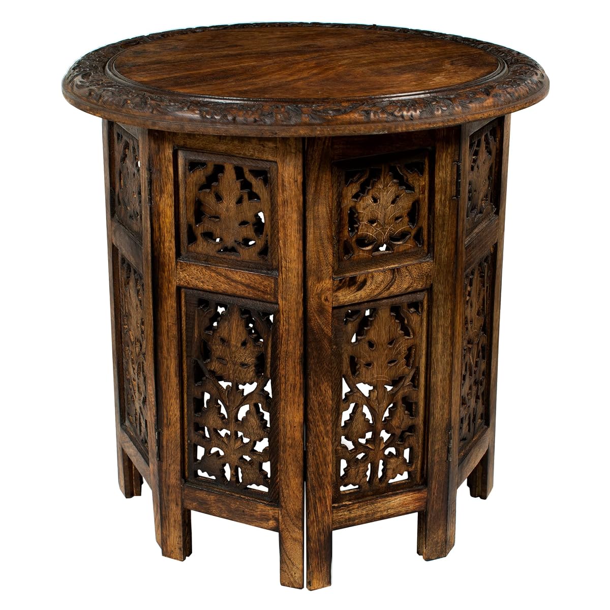 Solid Wood Accent End Table - Hand Carved Vintage Boho Folding Side Table - Small Spaces Entryway Farmhouse Living Room Bedside - No Tools Assembly -18x18 Round - Jaipur Antique Brown