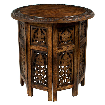 Solid Wood Accent End Table - Hand Carved Vintage Boho Folding Side Table - Small Spaces Entryway Farmhouse Living Room Bedside - No Tools Assembly -18x18 Round - Jaipur Antique Brown