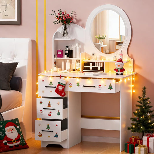 Vanity Mirror with Lights, Makeup Vanity Table with 4 Drawers & Storage Shelves, Large HD Mirror, Adjustable Brightness, 3 Color Modes, Modern Dressing Table for Bedroom