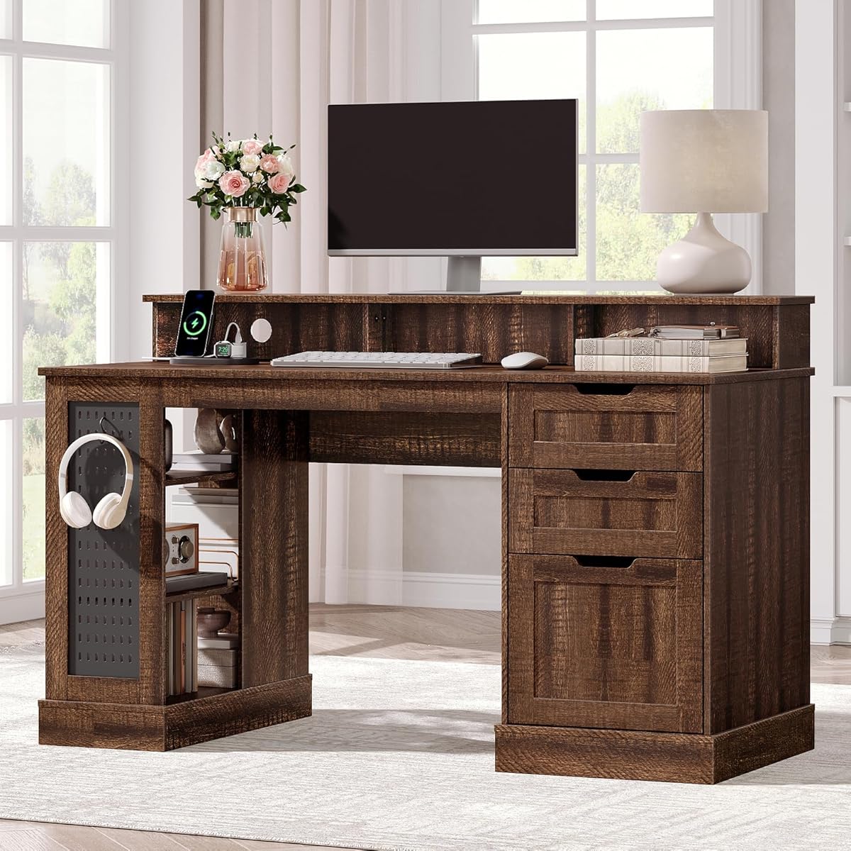 55inch Farmhouse Executive Desk with 2 Drawers and File Cabinet, Computer Desk with 3-Tier Storage Shelves, Home Office Desk with Charging Station, Pegboard and Monitor Shelf, Brown