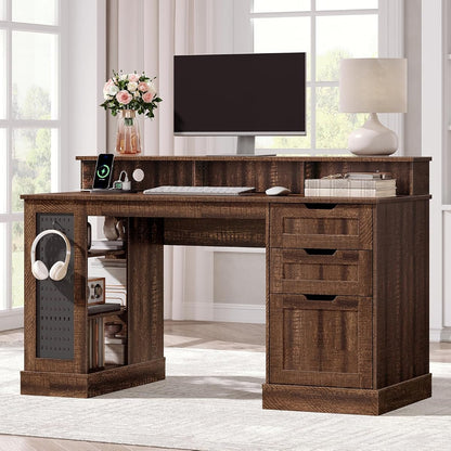 55inch Farmhouse Executive Desk with 2 Drawers and File Cabinet, Computer Desk with 3-Tier Storage Shelves, Home Office Desk with Charging Station, Pegboard and Monitor Shelf, Brown