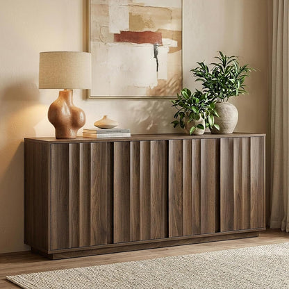 CHITA 63" Wooden Console Cabinet with 4 Tereoscopic Wavy Door Panels,Walnut