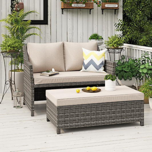 Grey rattan 2-piece outdoor loveseat and coffee table set with storage