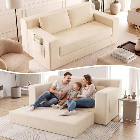 71" Boneless Loveseat Couch,Chenille Pullout Futon Couch,4 in 1 Folding 3 Seater Sofa Bed for Living Room,Boneless Cloud Couch with Storage Pocket & 2 Pillows,Beige